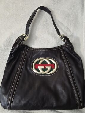 Authentic GUCCI- Dark Brown Leather Shoulder Bag with Signature Emblem